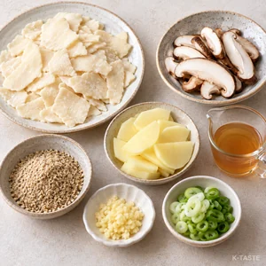 Prepared potato sujebi pieces, sliced shiitake, potato, ground perilla, garlic, green onion and tuna extract