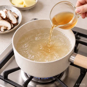 Adding diluted Korean tuna extract to water for the mushroom sujebi broth