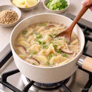 Stirring ground perilla and green onion into the simmering Korean sujebi soup