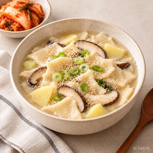 Finished Korean mushroom perilla sujebi served hot with a side of kimchi